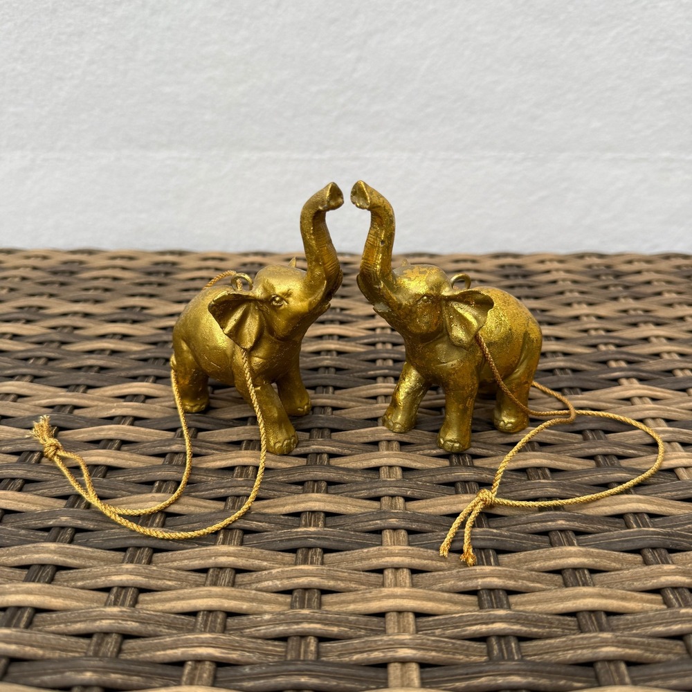 Pair Gold Tone Cast Metal Elephant Hanging Ornaments Trunk Up Good Luck 4" Decor